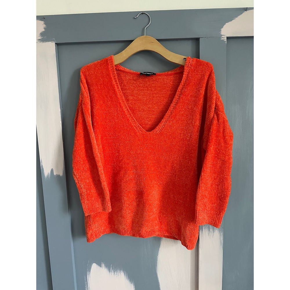 Express Bright Orange V-Neck Chenille Sweater